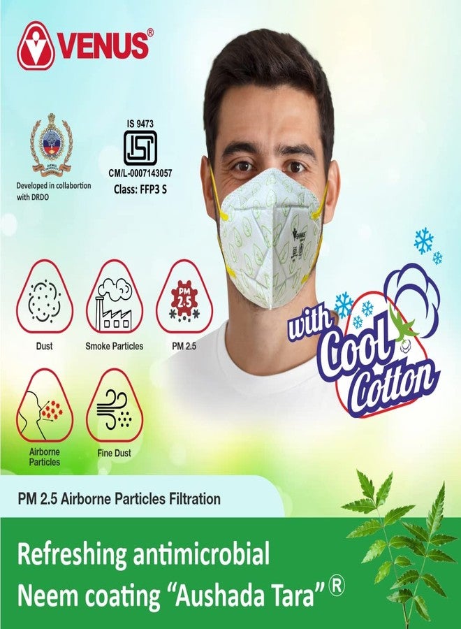 VENUS - V-Shwas - FFP3 Unisex Cotton Face Mask - ISI Certified, Developed with DRDO, Herbal Neem Extracts Aushada Tara Fabric, Natural Cool Breathable Design - Green - Pack of 8 (4 Pairs) - Image 3
